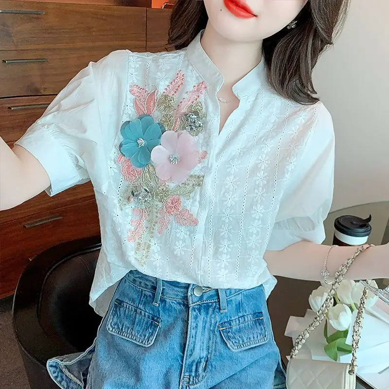 

Модный V - образный воротник, вышитая вышивка, пушистый жакет с рукавами, новый рекреационный джемпер на лето 2023, офисная дамская рубашка