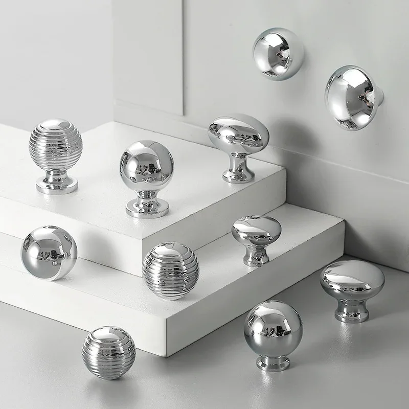 Bright Silver Brass Furniture Pull Handles Single Hole Cabinet Door Handles Drawer Knobs Kitchen Ball Wardrobe Cupboard Pulls
