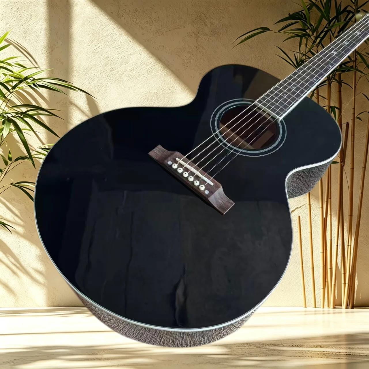 J Acoustic Guitar Mahogany 180 Body Rosewood Fretboard Black Gloss Finish White Binding Folk Pop Singing Fingerstyle Player