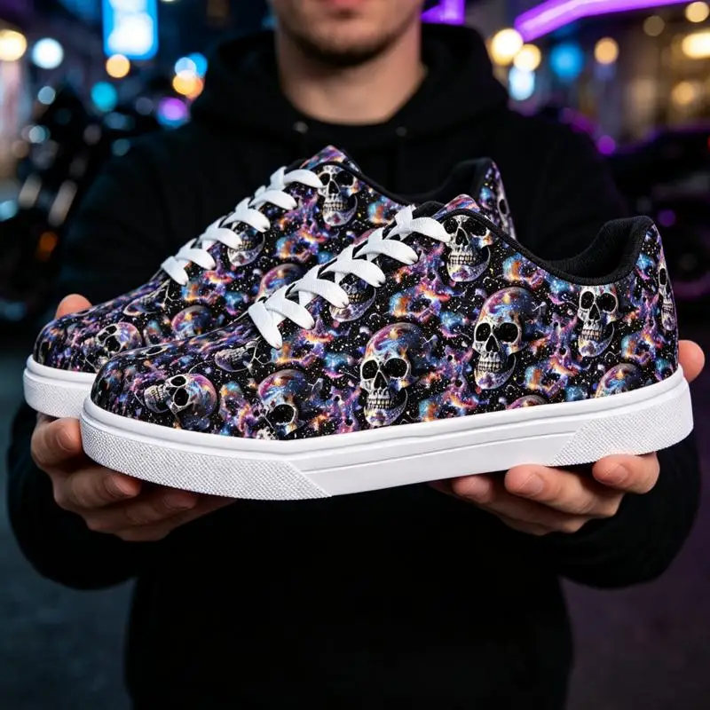 Ladies Men's casual low-top white sneakers，Cosmic Skull Art Design，Stylish and Comfortable，Suitable for Everyday Wear，Trendy fas view 4
