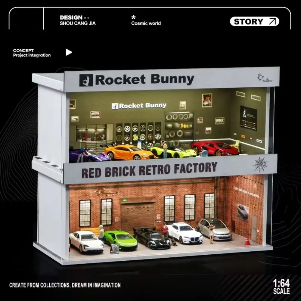 Model garażu w skali 1/64, wersja z oświetleniem, prosty montaż, model parkingu, miniaturowe miejsce parkingowe, model samochodu, pudełko ekspozycyjne.