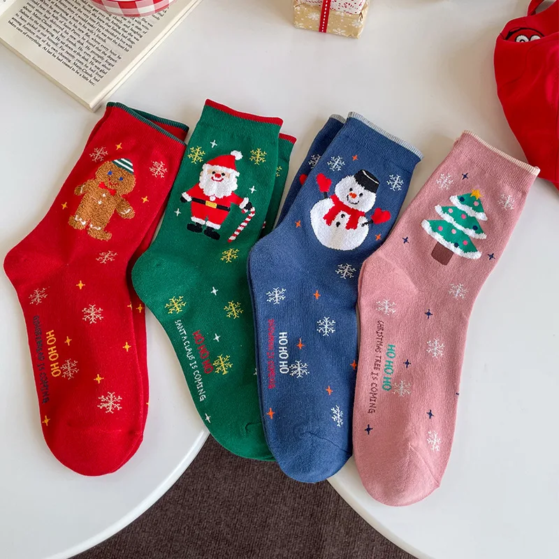 

Autumn Winter New Christmas Socks Snowman Santa Claus Creative Cartoon Women Middle Socks 4pcs Set