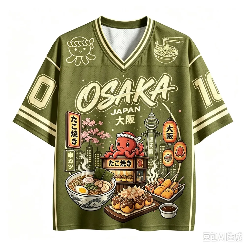 Retro Japanese Osaka Octopus Rice Balls 3D Print Sport Quick-dry Breathable Men V-neckT-Shirt Outdoor Street Casual Parent-Child