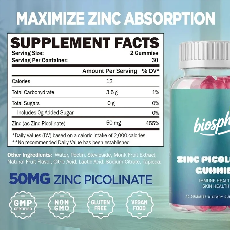 Zinc gummies - sugar free, adult high absorption zinc picolinate supplement, supporting immune function and skin health