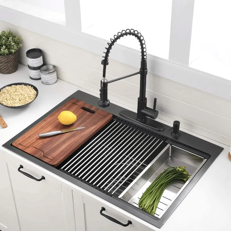 

36Inch Gunmetal Black topmount workstation kithchen sink 16 gauge single bowl stainless steel drop in sink