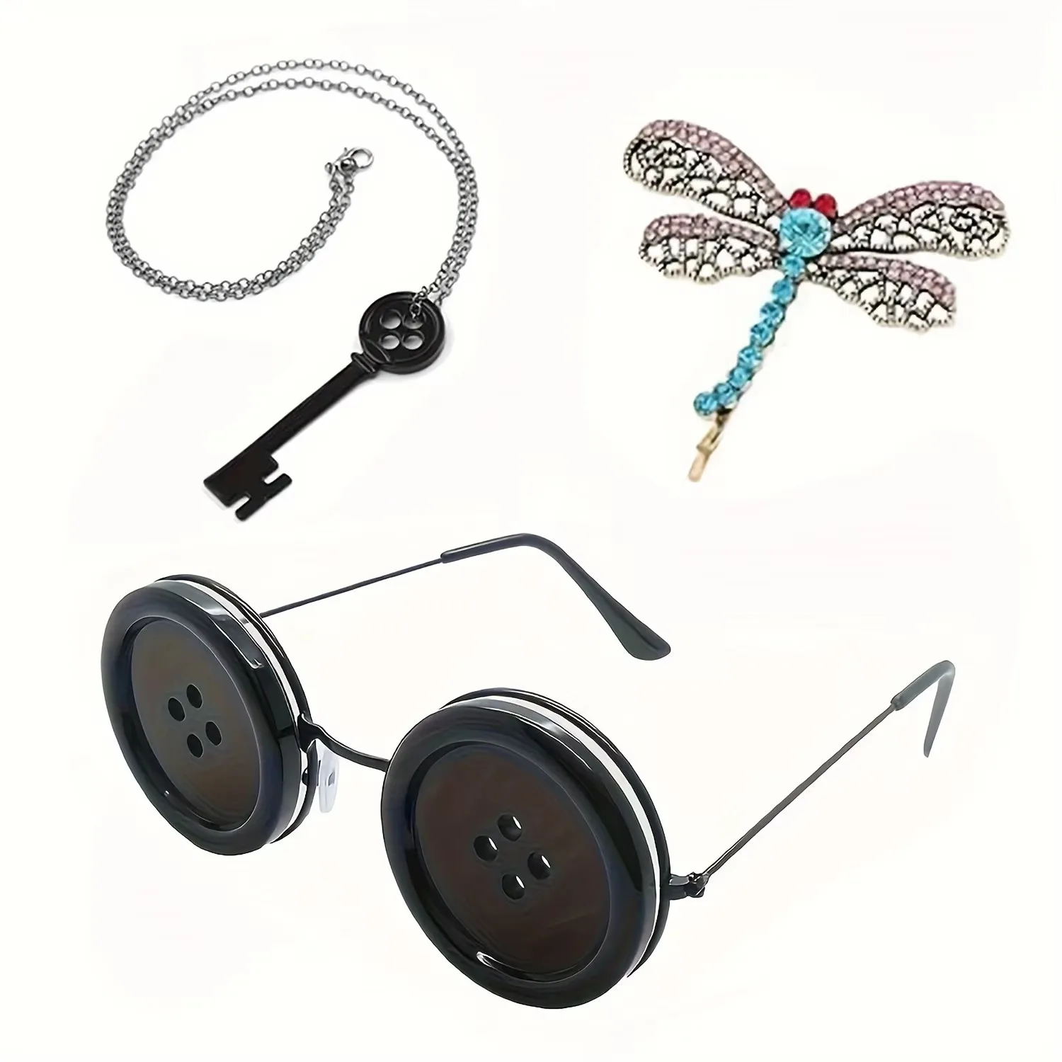 3 stuks: ketting met Coraline-thema, groene hanger met 'Seeing Stone', ketting met touwketting, zwarte sleutelhanger, choker, haarspeld met libelle, sieraden.