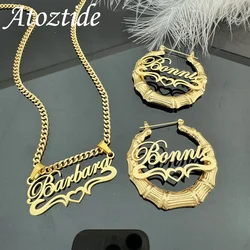 Atoztide Custom Name Necklace Bamboo Earring Jewelry Set For Women Men Personalized Stainless Steel Cuban Chain Birthday Gift