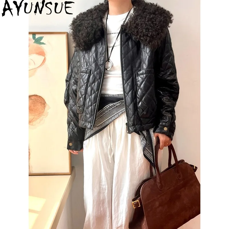 AYUNSUE Down Jacket Woman Fashion Lamb Fur Collar Outerwear Short Waxed Sheepskin Coat Reversible Jacket Woman Clothes Пальто