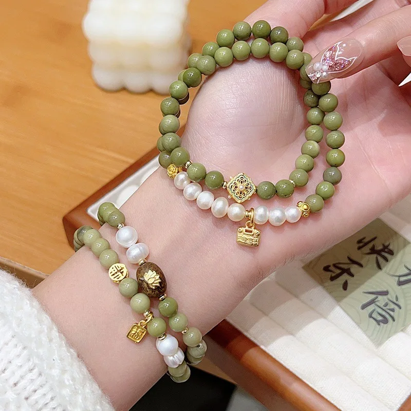 

Натуральный алашан для женщин с пресноводным жемчугом, сумкой для удачи и агатом авокадо, матча, браслет, ручная веревка