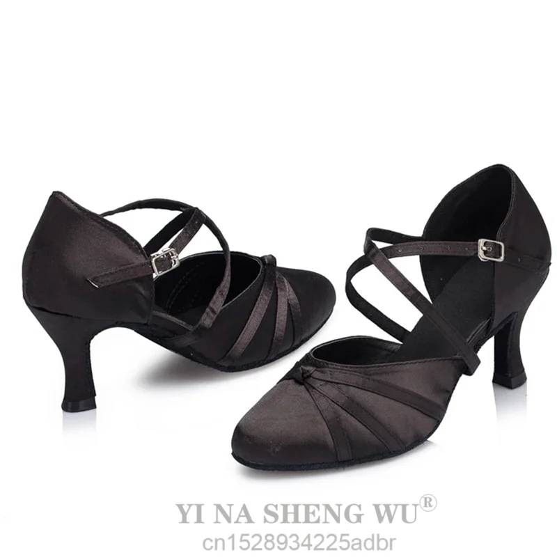 Sapatos latinos femininos salsa tango festa de salão salto alto feminino pele-amigável cetim preto esportes ao ar livre sapatos de dança 6or7.5cm