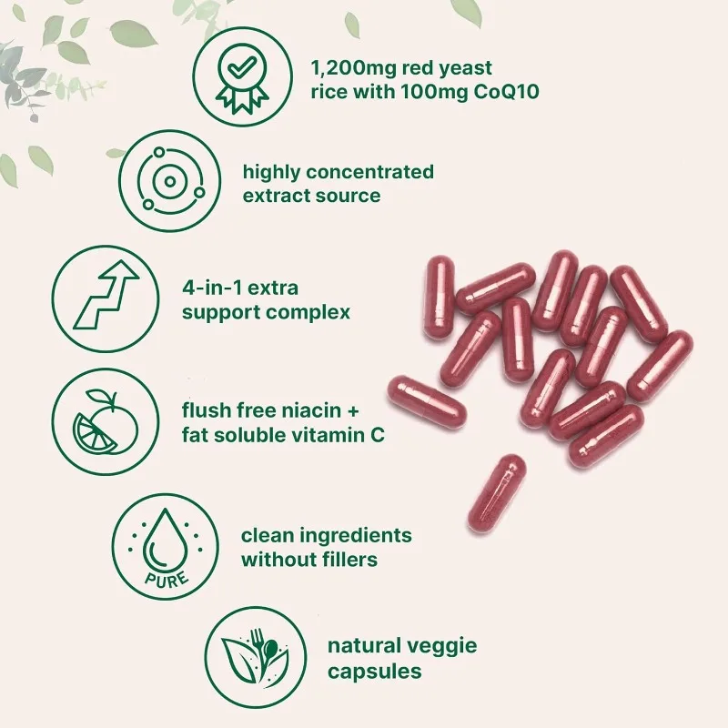 Red Yeast Rice 1200mg Containing Coenzyme Q10 100mg Containing Niacin and Vitamin C As A Whole Health Supplement