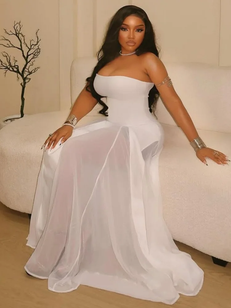 Wmstar Abito da donna all'ingrosso Design leggermente trasparente Gonna senza spalline Cinches Vita aspetto più sottile Un collo Tinta unita Alla moda