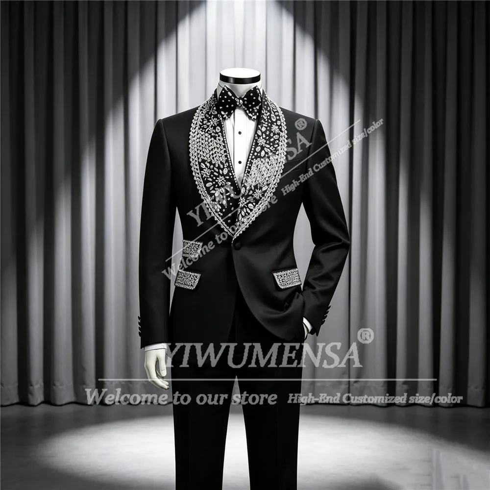 Luxury Jewelry Stones Ornament Wedding Suit For Man Shawl Label Prom Blazer Pants 2 Piece Sets Groom Tuxedos Customized Outfits