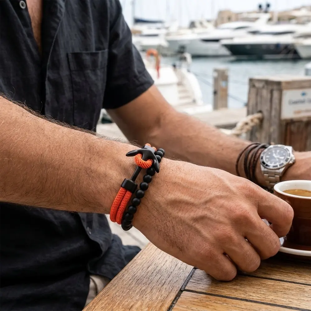 New 2Pcs Men Anchor Bracelet Premium Selected 4mm Cord Beach Surfing Stackable Wrist Accessories Sweat Resistant Sports Braslet