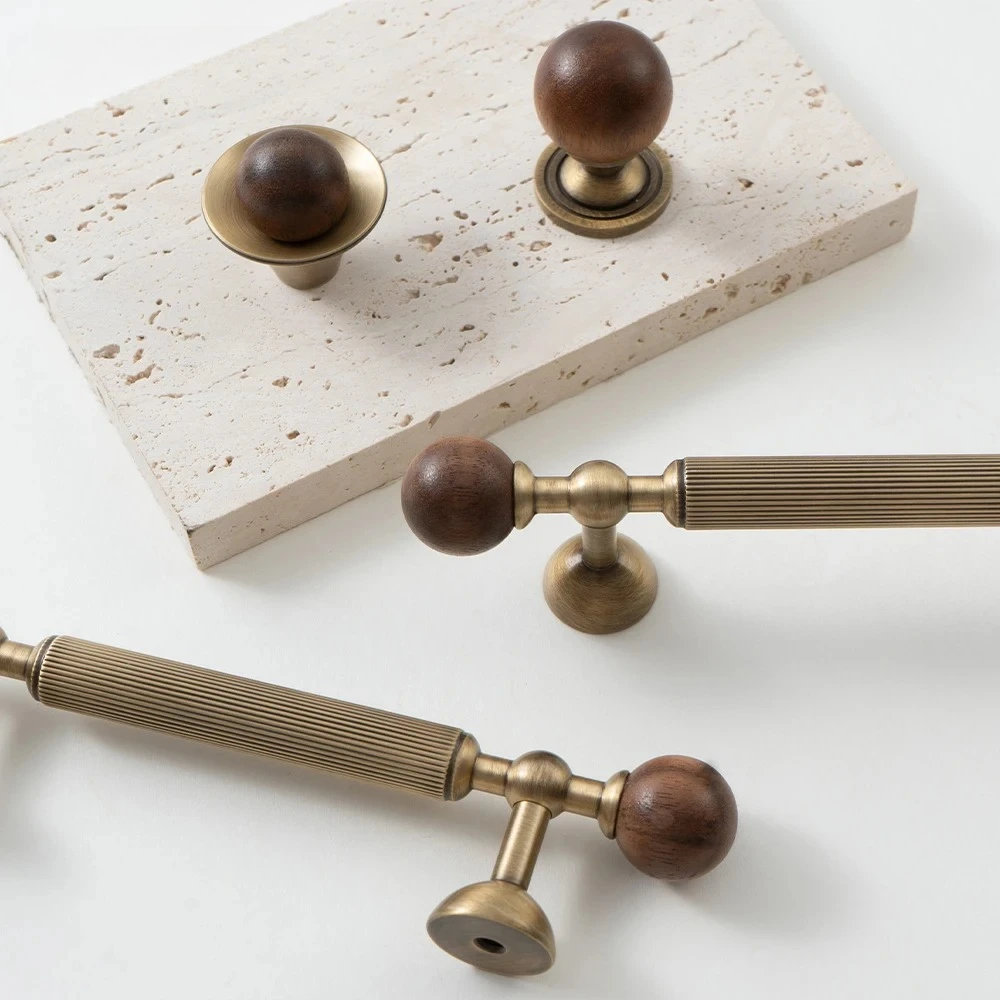 Vintage Walnut Wood + Brass Handles with Vertical Stripes Ball End Knobs Antique Bronze Furniture Pulls for Cabinets Drawers