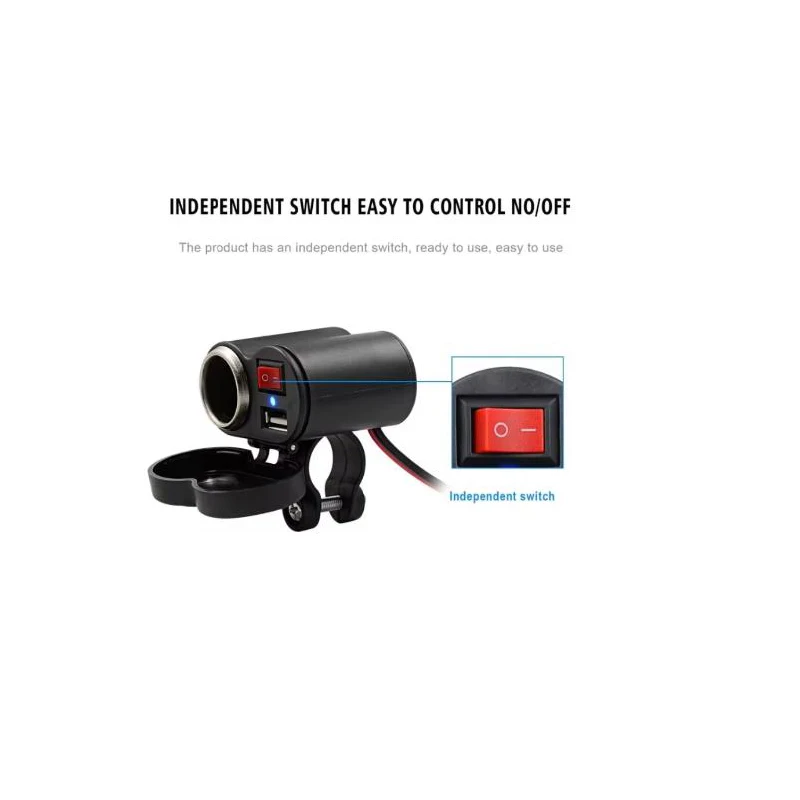 12V Motorcycle Dual USB Charger with Switch, Waterproof Cigarette Lighter Socket, Motorcycle Handlebar Clamp
