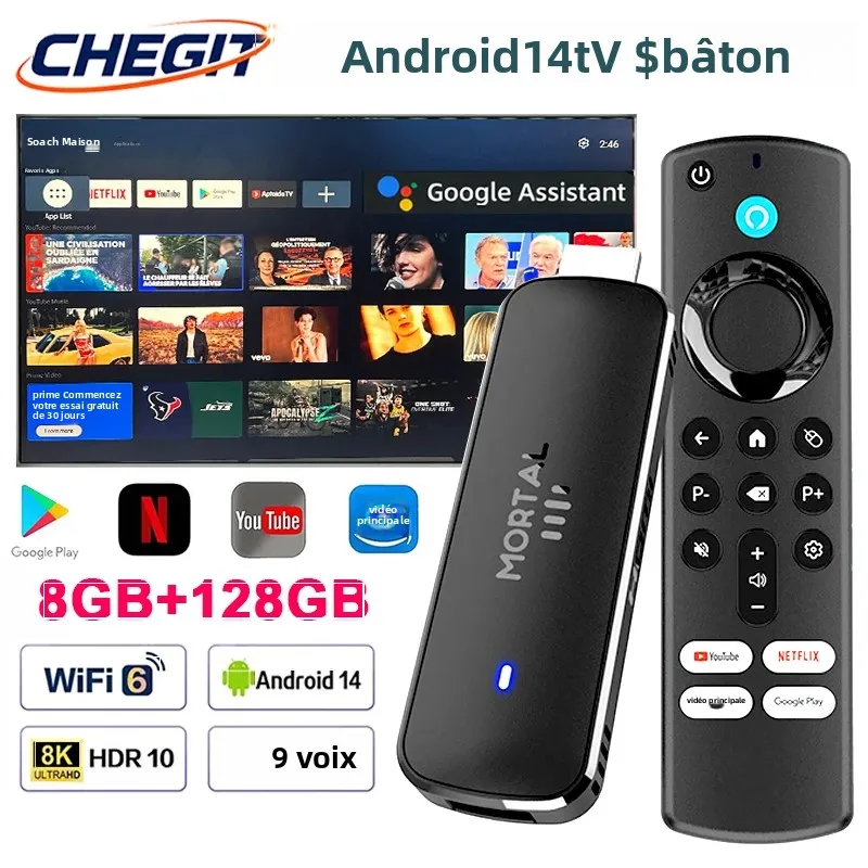 Clé TV intelligente Android 14 prenant en charge la vidéo 8K, BT5.0, double WiFi6, RK3518, 8 Go + 128 Go, télécommande vocale pour Netflix, YouTube, lecteur multimédia