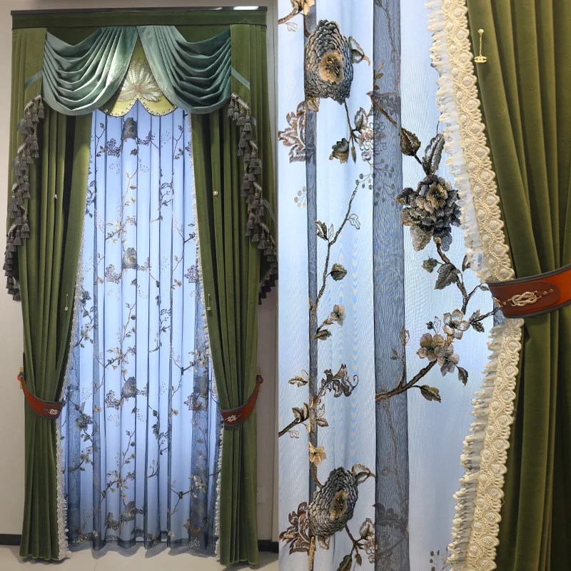 Custom Classic living room villa velvet light luxury retro green shading French cloth blackout curtain tulle valance drape C2093