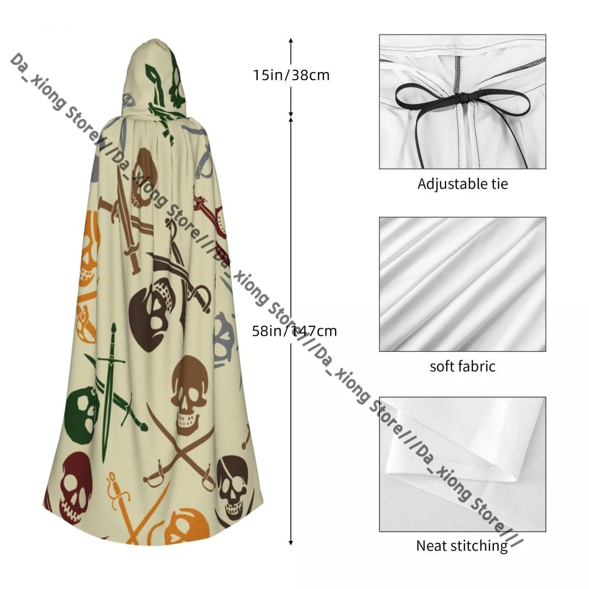 الجماجم القراصنة مع السيوف المتقاطعة نمط الساحرة عباءة زي الهالوين التأثيري الكبار للجنسين عباءة الرجعية العصور الرأس #5