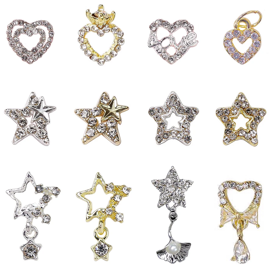 10PCS Hollow 3D Alloy Stars Heart Nail Frame Charms Rhinestones Pendant Kawaii Jewelry Accessories Nails Decoration Supplies