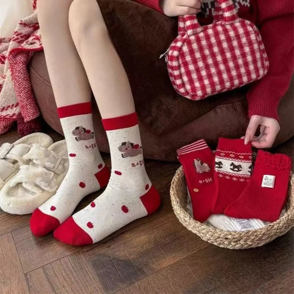 

Zodiac Year Ruffle Horse Red Socks Chinese Style Cotton 2026 Spring Festival Socks Mid-calf Hosiery New Year Red Socks Girl