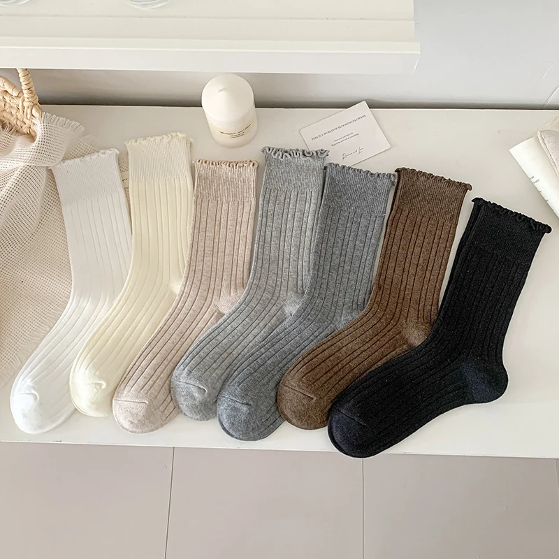 Women Socks Solid Color New Simple Korean Style Sweet Frilly Ruffle Socks Fashion Long Casual Daily Socks Cotton Breathable Soft