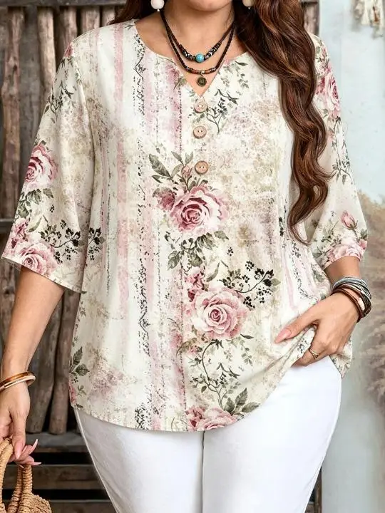 Women Vintage Distressed Stripe Rose Floral Print Blouse For Curvy Figures Notched Neck 3/4 Sleeve Loose Casual Ladies Tops