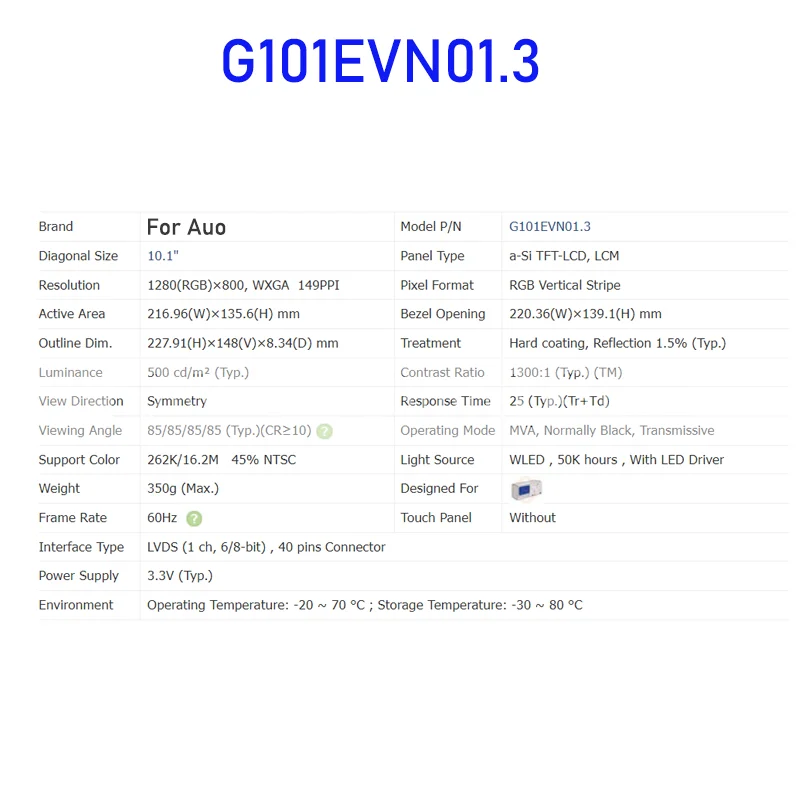 G101EVN01.3 10.1 Inch 1280*800 TFT-LCD LCD Display Screen Panel Modules Original for Auo 40 Pins 100% Tested Fast Shipping