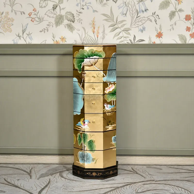 New Chinese Style Gold Foil Painted Lotus Eight Bucket Cabinet Light Luxury Hexagonal Multi Layer Jewelry High Cabinet