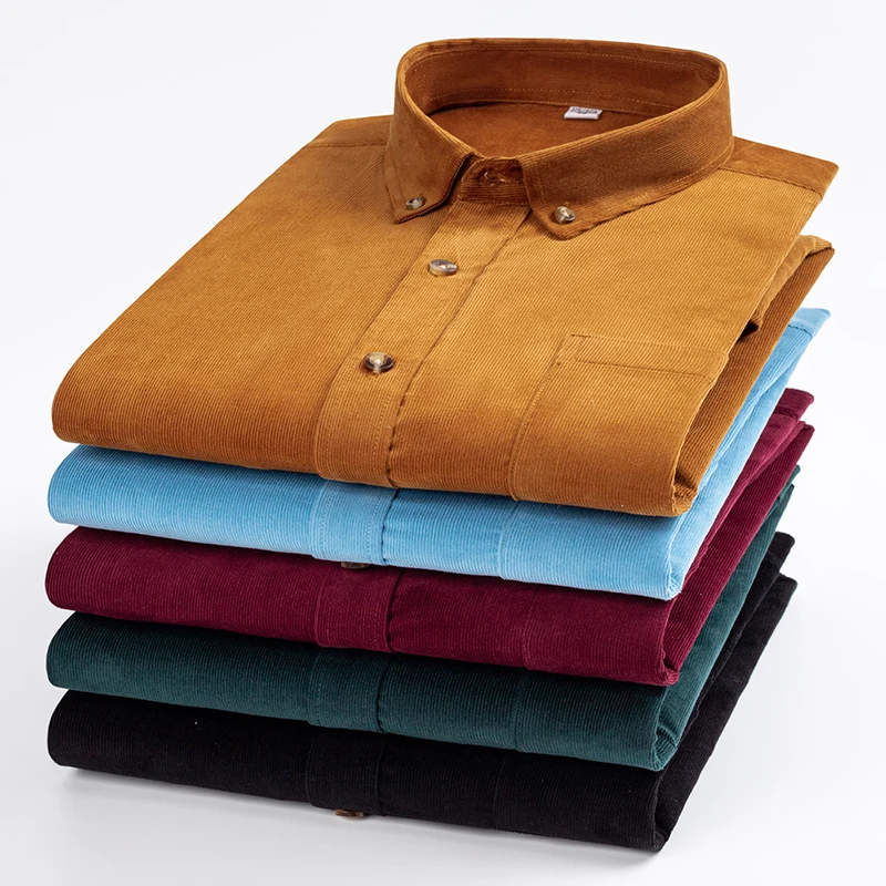 

Casual Men's Long Sleeve Cotton Corduroy Shirt with Chest Pocket Button Down Collar Retro Style Men Dress Shirts Spring Autumn