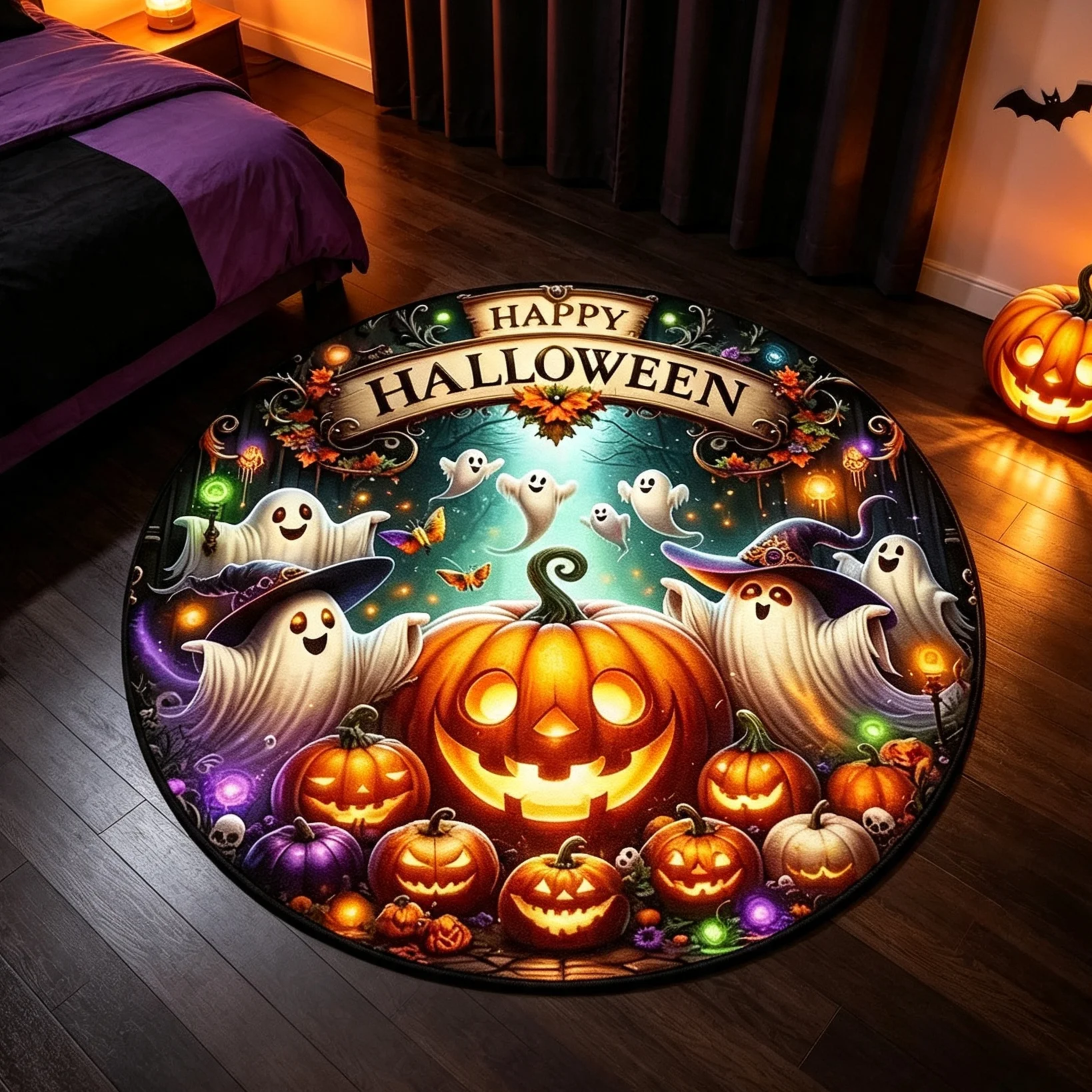 Spooky Halloween Witch Hat Pumpkin Ghost Haunted House Scene Round Floor Covering For Autumn Themed Interior Decoration