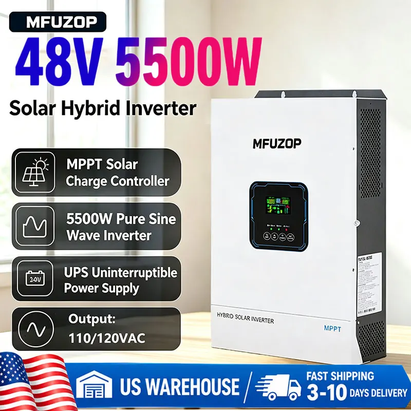 MFUZOP 5500W 48V Hybrid Solar Inverter 110/120V Pure Sine Wave, 8500W Max PV Input, Off Grid Solar Charger Inverter for Home RV Truck, US Local Warehouse