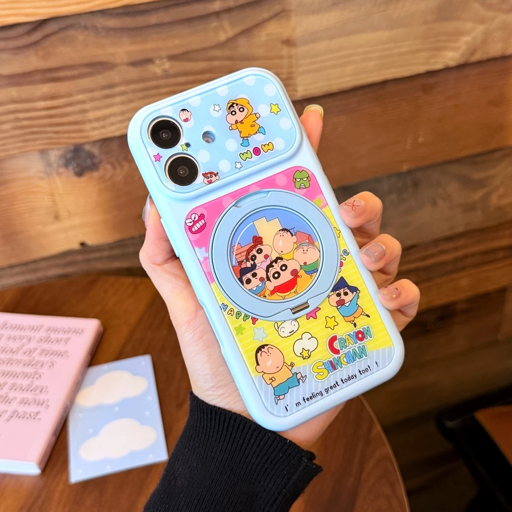 Cute Cartoon Japan Anime Crayon Shin-chan 360°Rotation Stand Phone Case For iPhone 17 16 15 14 13 Pro Max With Ring Holder Cover