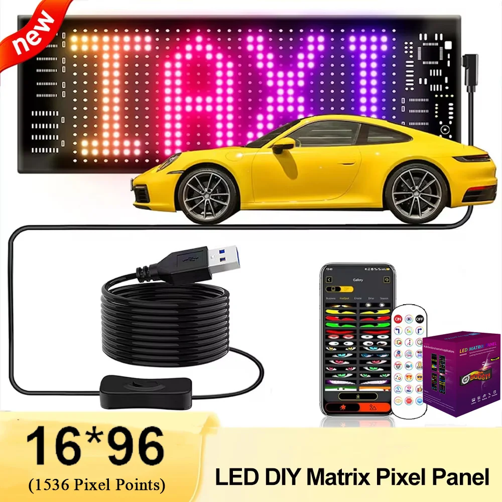 USB 5V LED Car Sign, RGB LED Car Sign Animation, LED Matrix Pixel Panel DIY Programmable, LED Panel Flexible Display Light