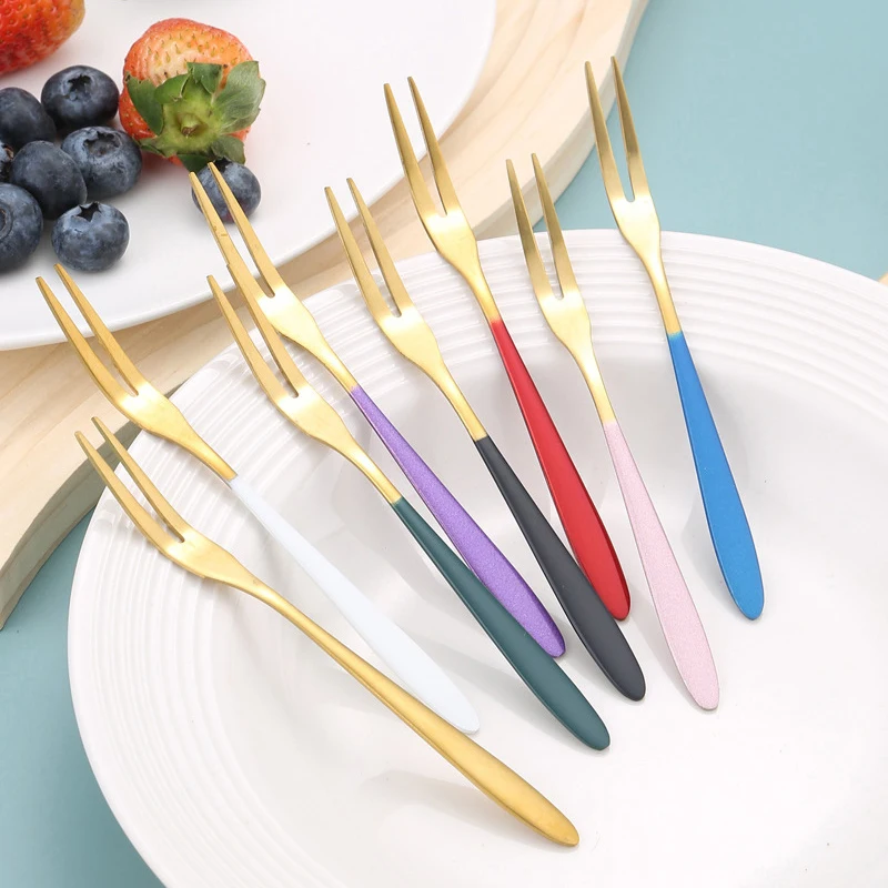 

7pcs 304 Stainless Steel Fruit Fork Dessert Cake Forks Fashion Luxury Party Home Dessert Salad Forks Up-end Cutlery For Wedding