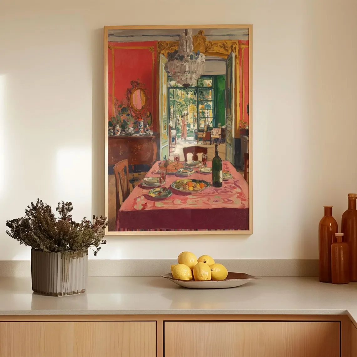 Impressão de pintura a óleo de interiores franceses vibrantes – Arte de parede vermelha pós-impressionista para sala de jantar, decoração eclética para cozinha, sala de jantar