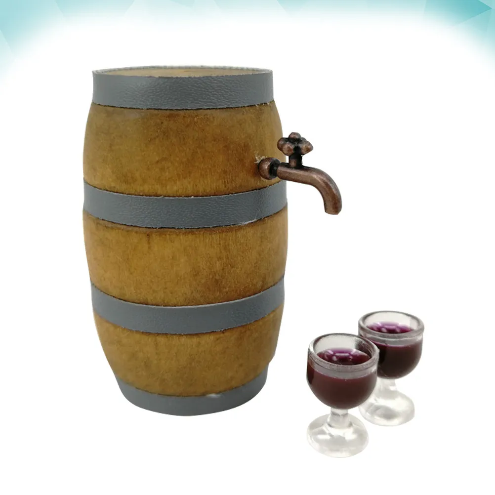 

Miniature Red Wine Barrel Set for Dollhouse Miniature Bar Decor Wine Cellar Display Pub Party Decoration with Faucet Glass