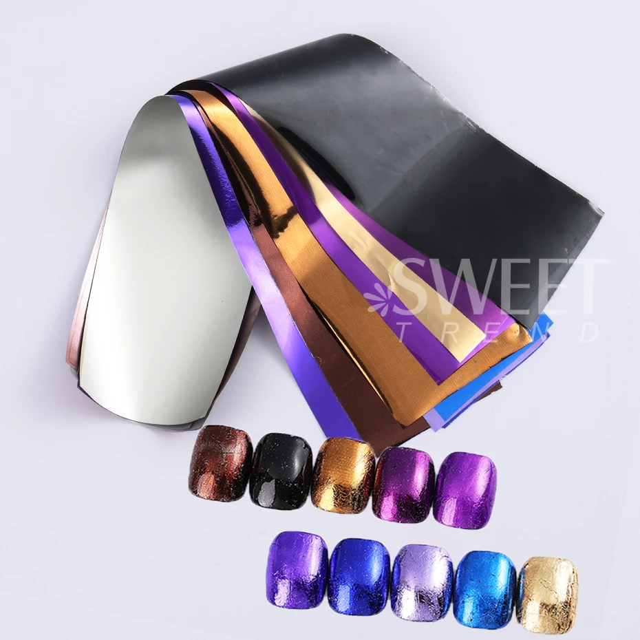 10pcs 금속 네일 전송 포일 거울 골드 실버 보라색 별이 빛나는 종이 젤 폴리쉬 전송 스티커 DIY 패턴 매니큐어 장식