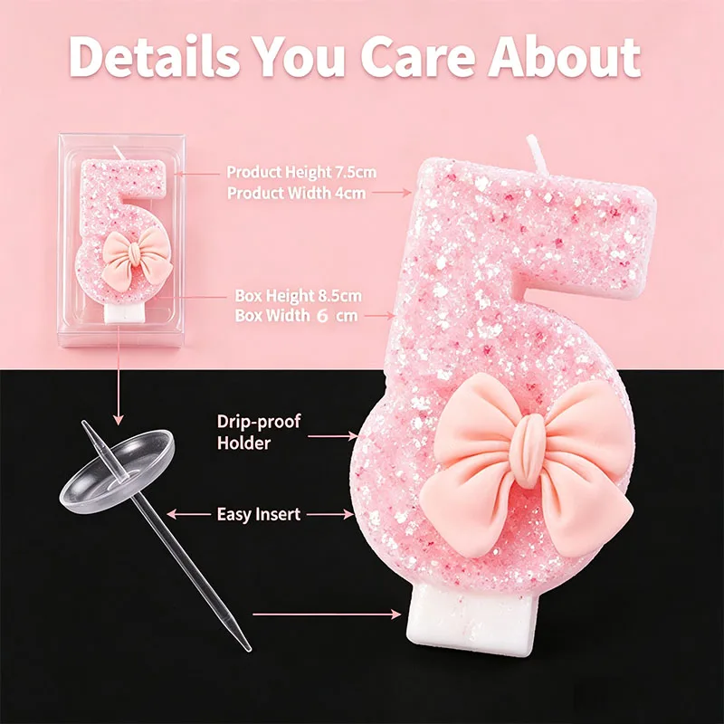 Cute Pink Bow 3D Number Candles 0-9 with Drip-Proof Tray Birthday Cake Topper Decorations for Girls Baby Pink Party Supplies