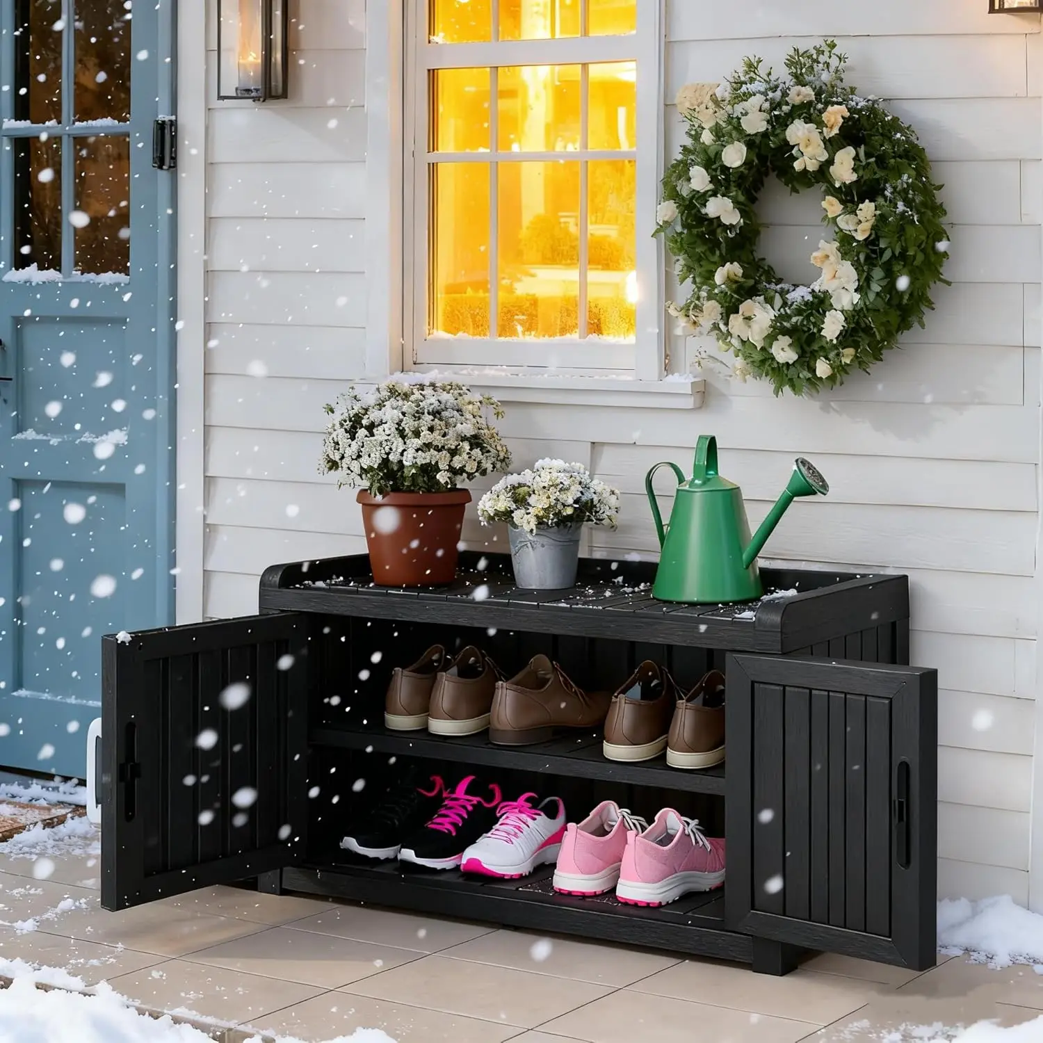 

Shoe Storage Cabinet, 2-Door Outdoor Storage Bench With Adjustable Shelves, Waterproof Resistant For Hallway,, Customized