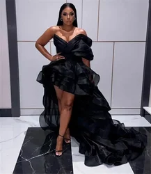 Elegant Black High Low Prom Gowns Sweetheart Lace Formal Party Dresses Tiered Ruched Organza Maxi Gowns