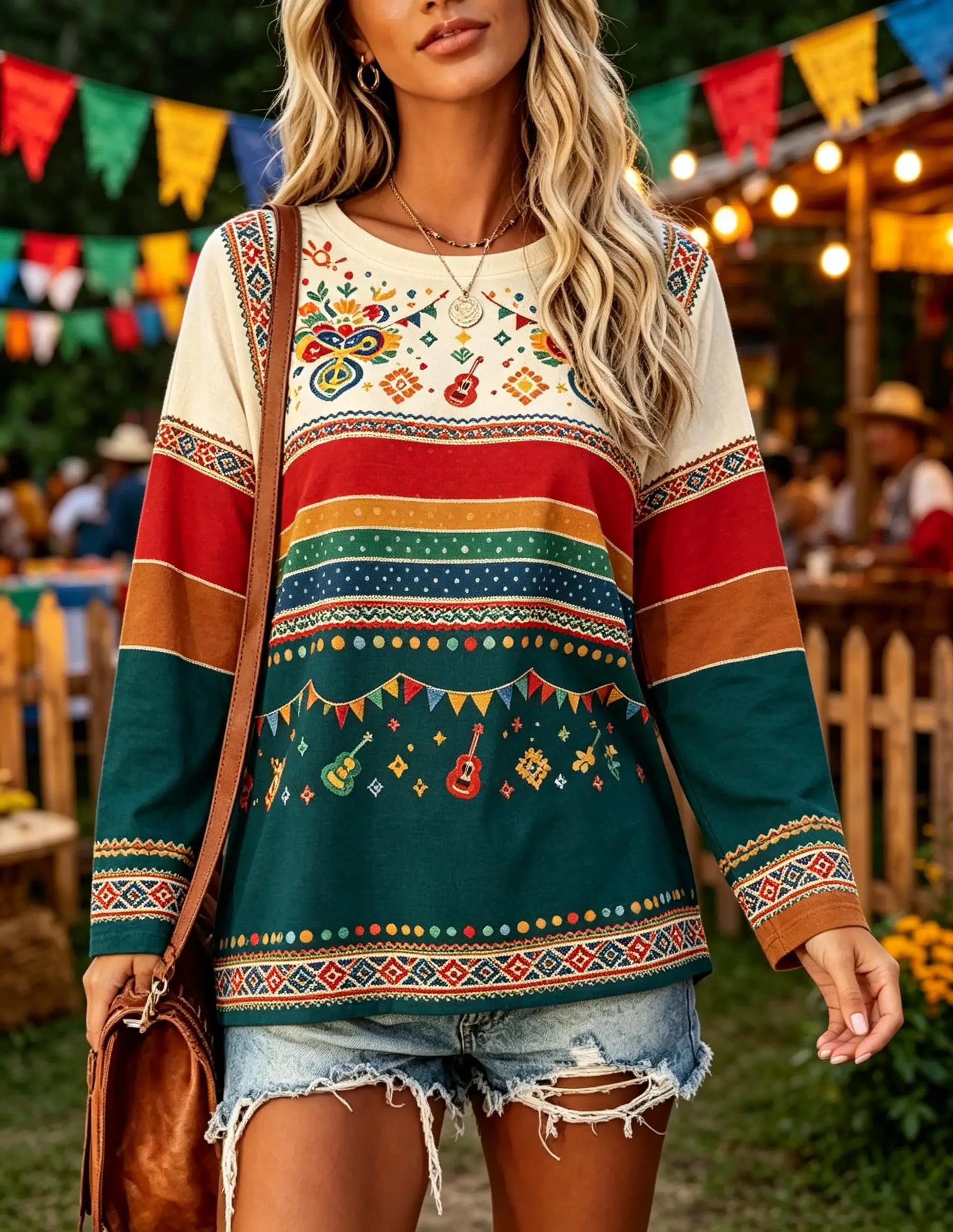 Women Crew Neck Long Sleeve Tunic Dress Vintage Faux Mexican Fiesta Embroidery Flat Print Oversized Loose Mini