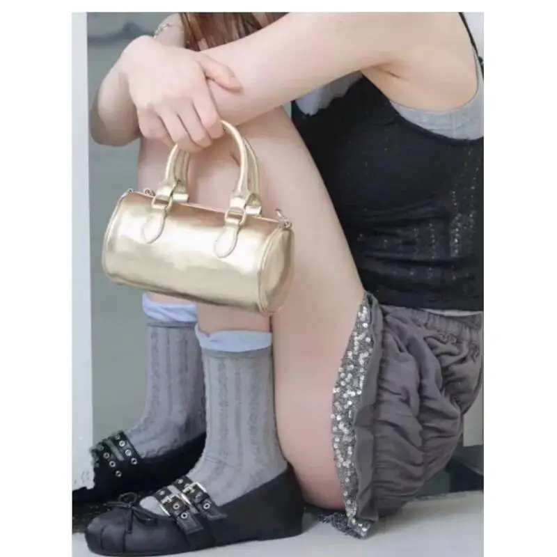 Bloom Hot Girls Gold Messenger Purse Women High Street Handle Cylinder Crossbody Bags Female Retro Y2k Hand Bag Aesthetic