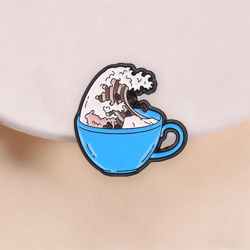 Ukiyo-e Kanagawa Great Wave Enamel Pin Creative Sea Wave With Coffee Mug Art Brooches Lapel Badge Jewelry Gifts for Friends