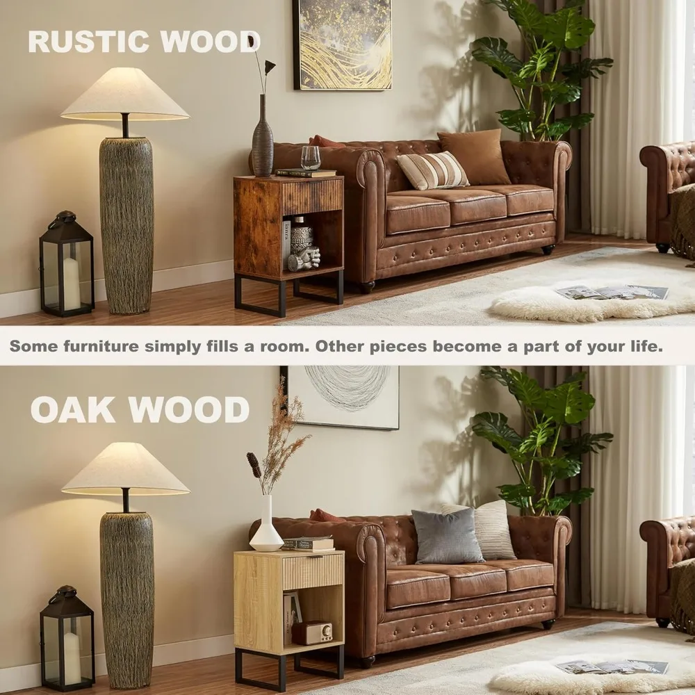 منضدة حديثة لمنتصف القرن، طاولة بجانب السرير من خشب البلوط الخفيف مع درج مخدد وتخزين مفتوح، طاولة نهائية تتميز بمعدن أسود