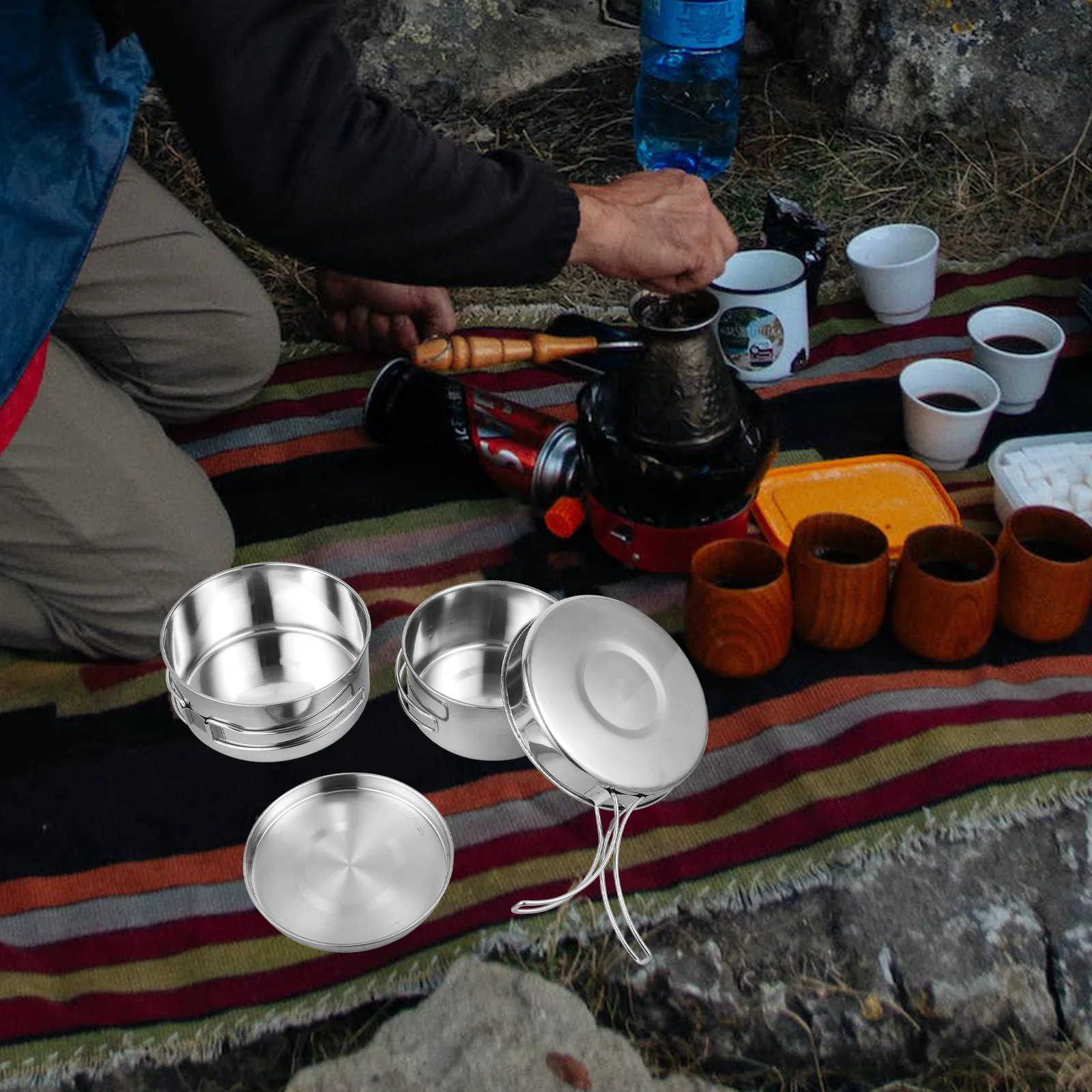 

4 Piece Stainless Steel Cookware Set Compact Lightweight Camping Cooking Utensils Outdoor Hiking Picnic Stew Pot Frying Pan