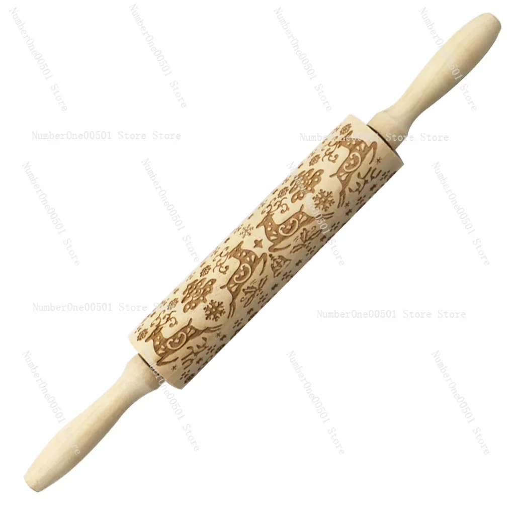 Christmas Elk Print Rolling Pin Wood Laser Engraved Embossing Roller for Cookie Dough Baking Tool
