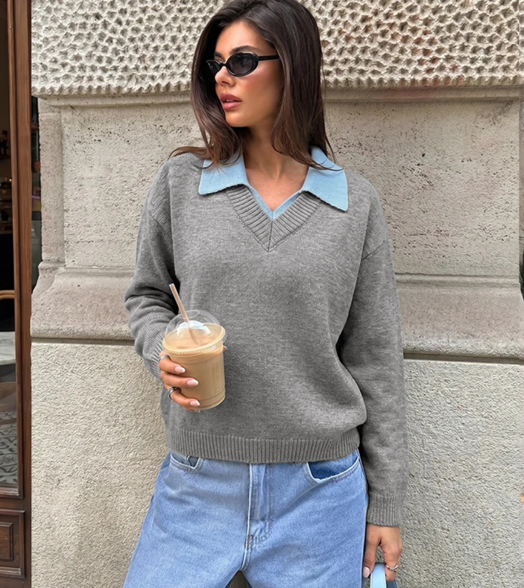 Women Color Block Polo Collar Sweater 2026 New Fall V‑Neck Long Sleeve Loose Knit Jumper Casual Daily Pullover