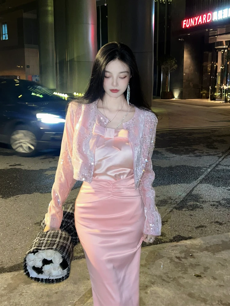 

iny Sequin ort Outerwear Women's Pink High-End Design Ladylike Top Commute Sle Korean Velvet Warm Long Sve round Ne