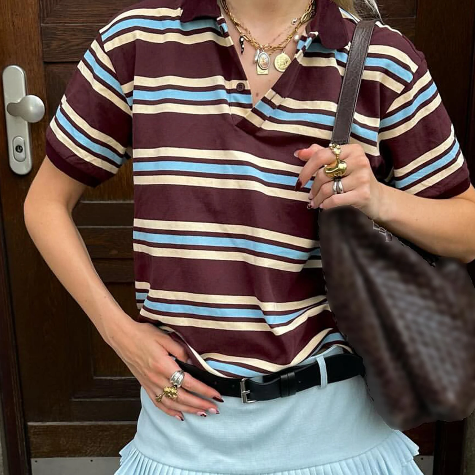 Women Summer Basic T-Shirt Casual Striped Print Lapel Short Sleeve Tops for Streetwear Aesthetic Grunge Clothes image 2